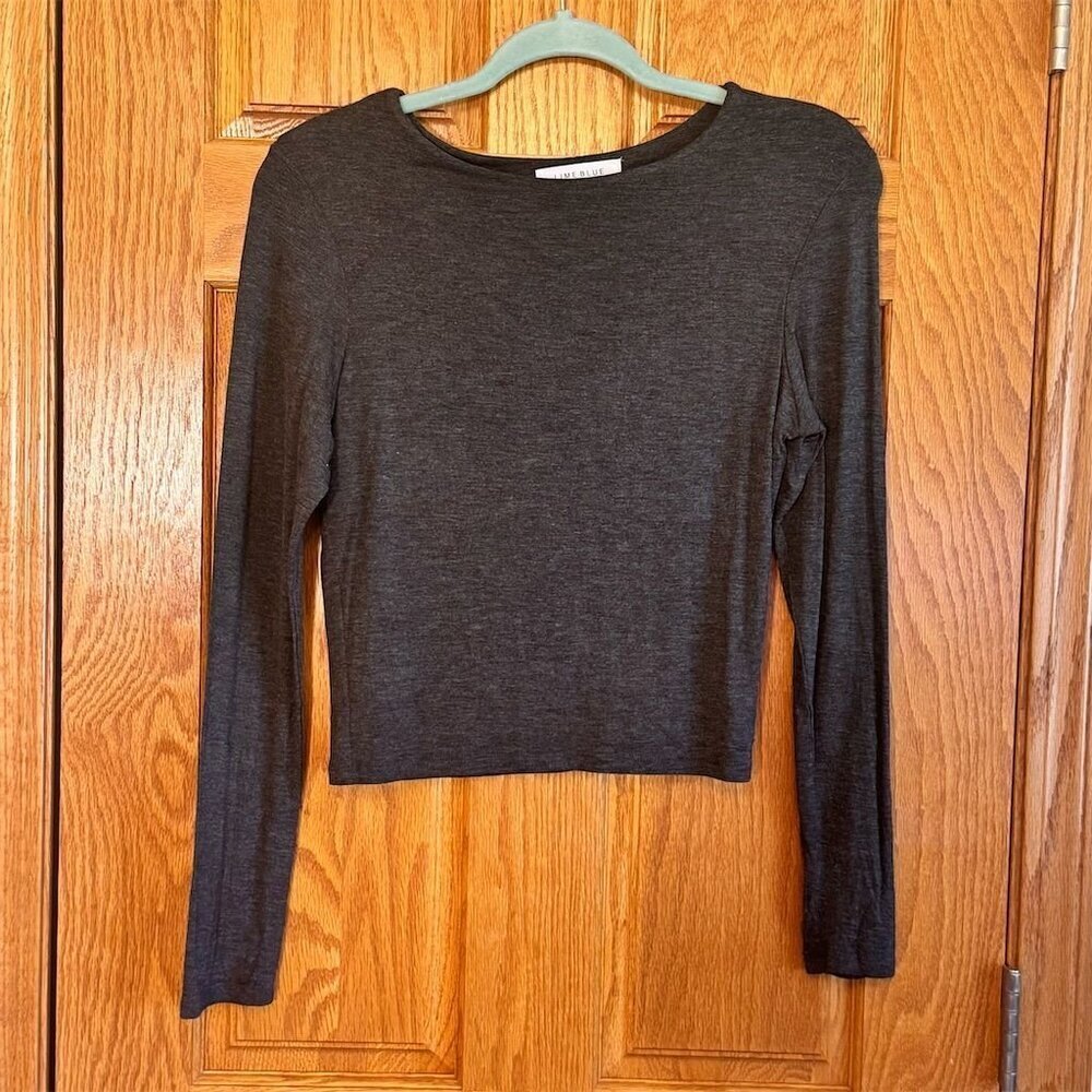 Lime Blue Women's Gray Long Sleeve Cropped Blouse Size M Casual Top